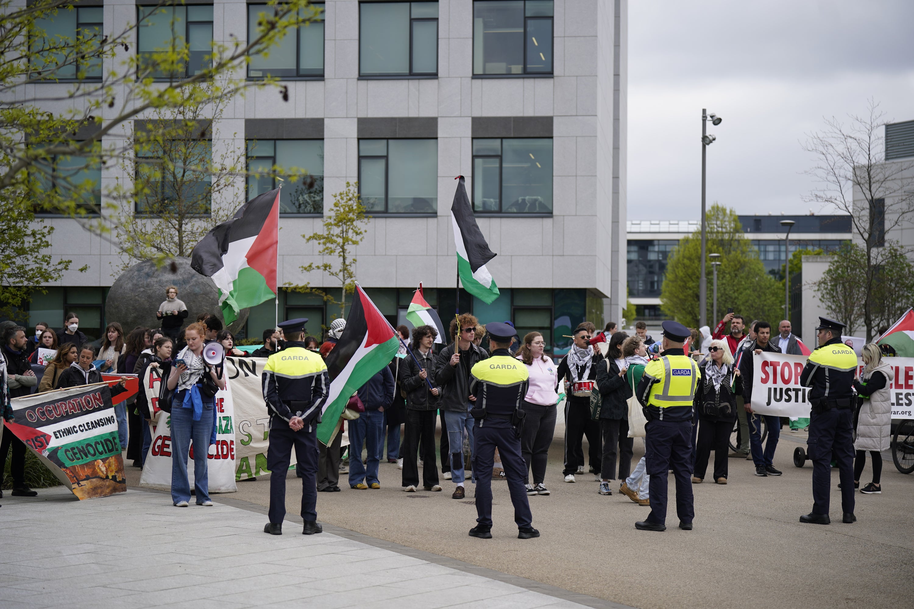 Students protesting outside University College Dublin in April, before the arrival of Nancy Pelosi