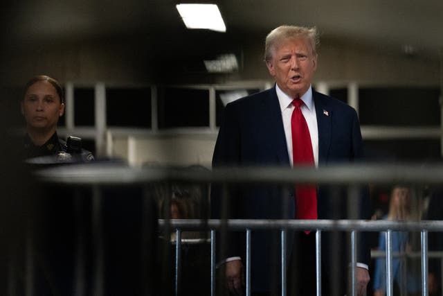 <p>Donald Trump speaks to reporters in a Manhattan criminal court hallway on 25 April</p>
