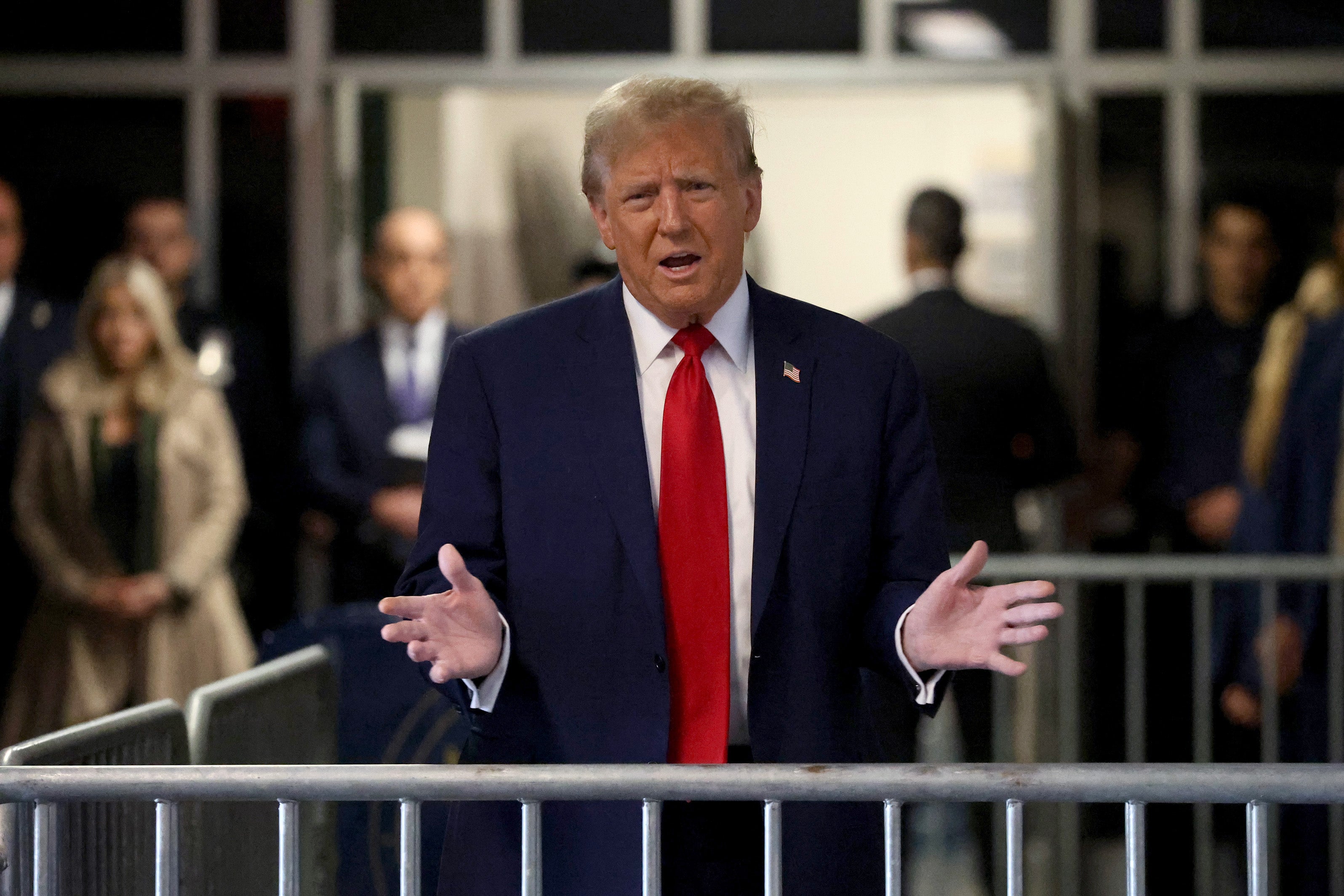 Former President Donald Trump speaks to the media as he arrives to court during his trial for allegedly covering up hush money payments at Manhattan Criminal Court on 25 April 2024