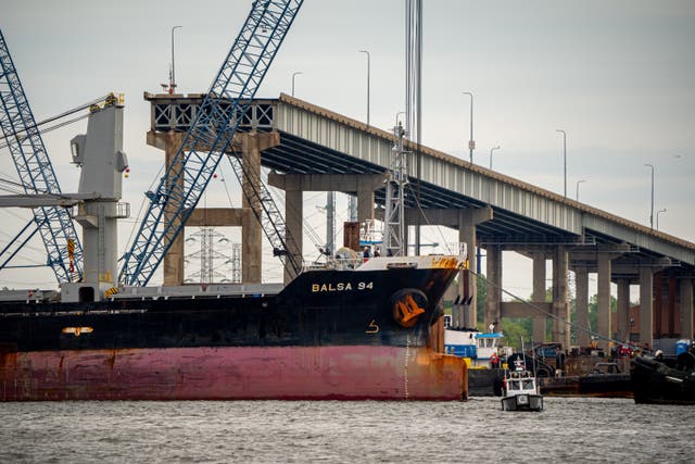 <p>The Balsa 94, a bulk carrier cargo ship, is the first ship able to sail past the cargo ship Dali and the collapsed Francis Scott Key Bridge on Thursday morning</p>