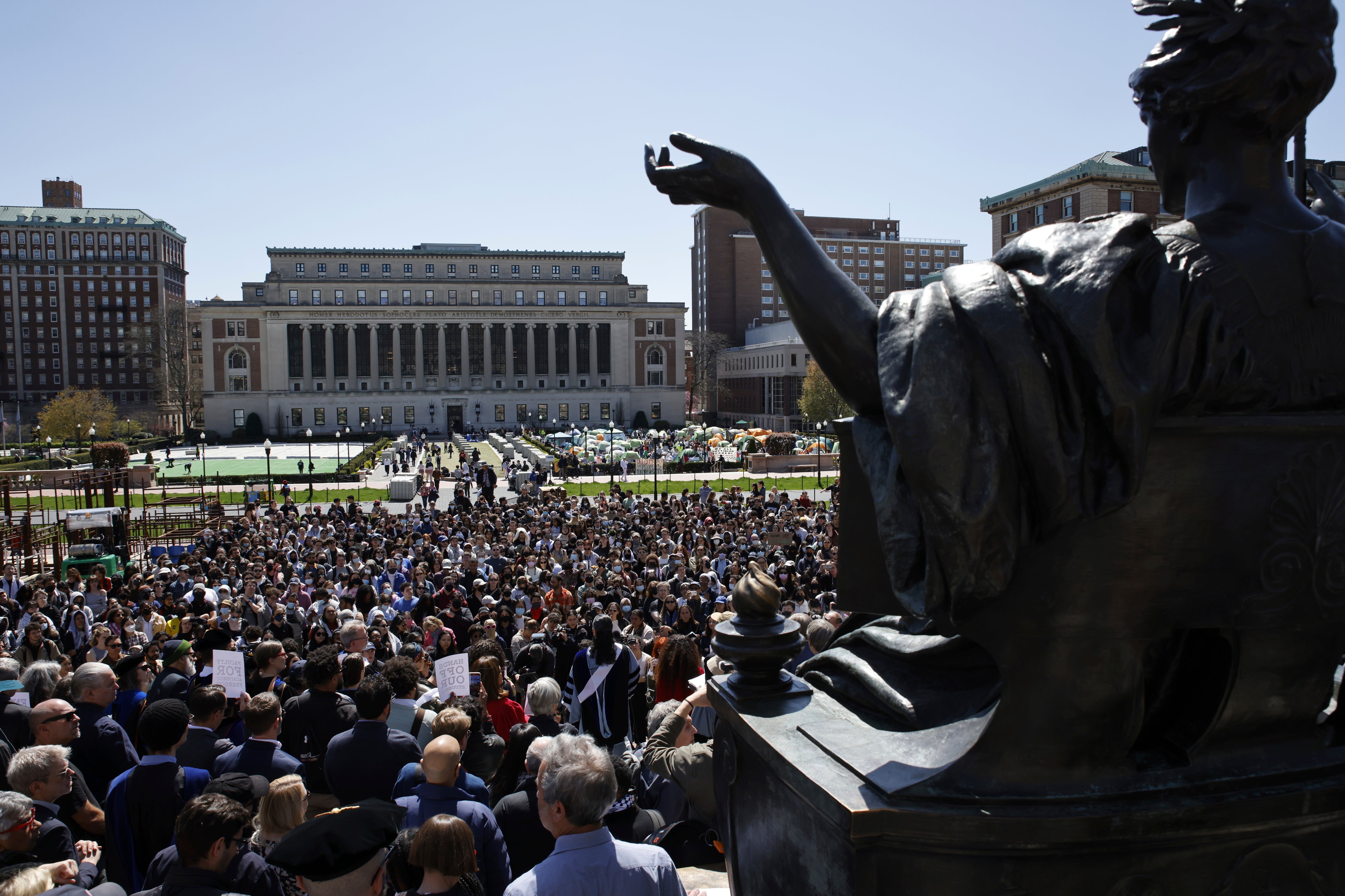 Columbia University professors speak in solidarity with their students’ right to protest free from arrest at the Columbia University campus in New York