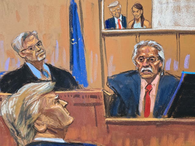 <p>Former president Donald Trump watches as David Pecker testifies during his criminal trial on charges that he falsified business records to conceal hush money paid to silence porn star Stormy Daniels in 2016</p>