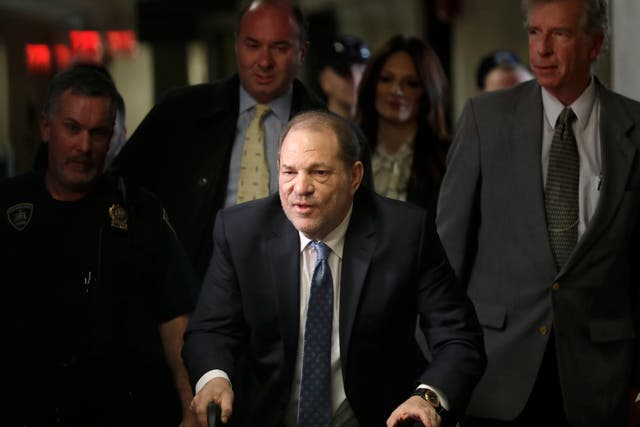 <p>Harvey Weinstein arrives at a Manhattan courthouse for jury deliberations in his rape trial, Monday, Feb. 24, 2020, in New York</p>