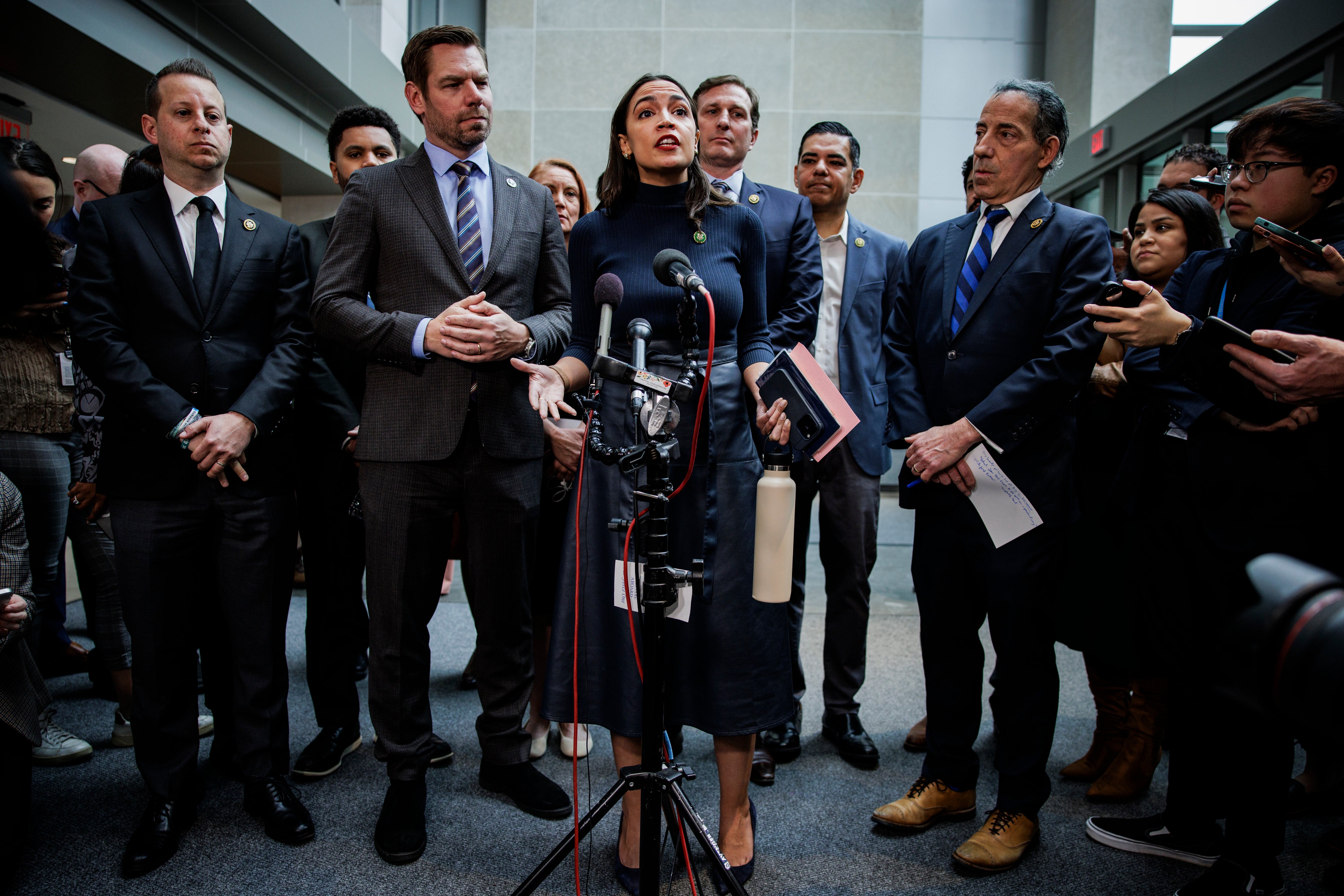 WASHINGTON, DC - FEBRUARY 28: Rep. Alexandria Ocasio-Cortez (D-NY) speaks during a press conference with other Democratic members of the House Committee on Oversight and Accountability, and House Judiciary Committee during a break in the closed-door deposition of Hunter Biden, son of U.S. President Joe Biden, in the O’Neill House Office Building on February 28, 2024 in Washington, DC. The meeting is part of the Republicans’ impeachment inquiry into President Joe Biden. (Photo by Samuel Corum/Getty Images)