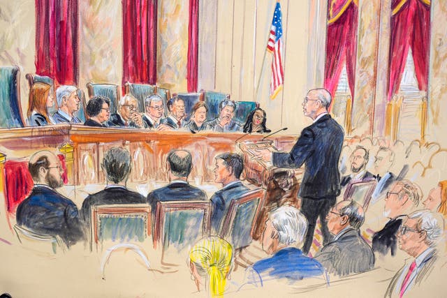 <p>This artist sketch depicts Michael Dreeben, counselor to Special Counsel Jack Smith, right, as he argues before the Supreme Court </p>