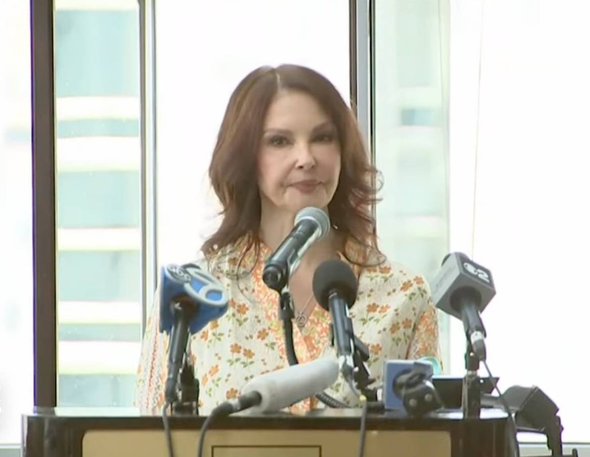 Ashley Judd, pictured speaking at a Thursday press conference. She accused Harvey Weinstein of sexual harassment