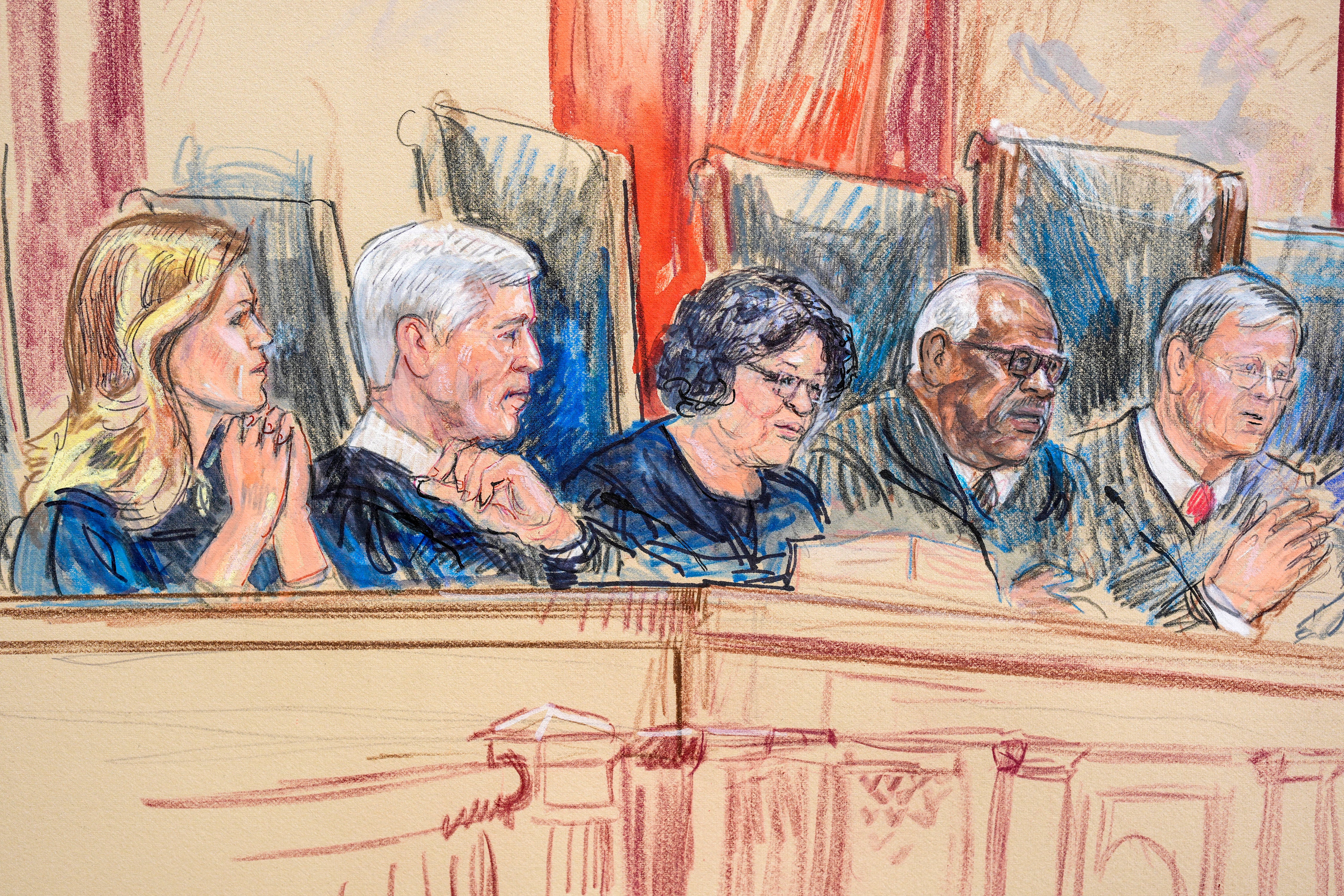 This artist sketch depicts, from left, Associate Justice Amy Coney Barrett, Associate Justice Neil Gorsuch, Associate Justice Sonia Sotomayor, Associate Justice Clarence Thomas, and Chief Justice of the United States John Roberts