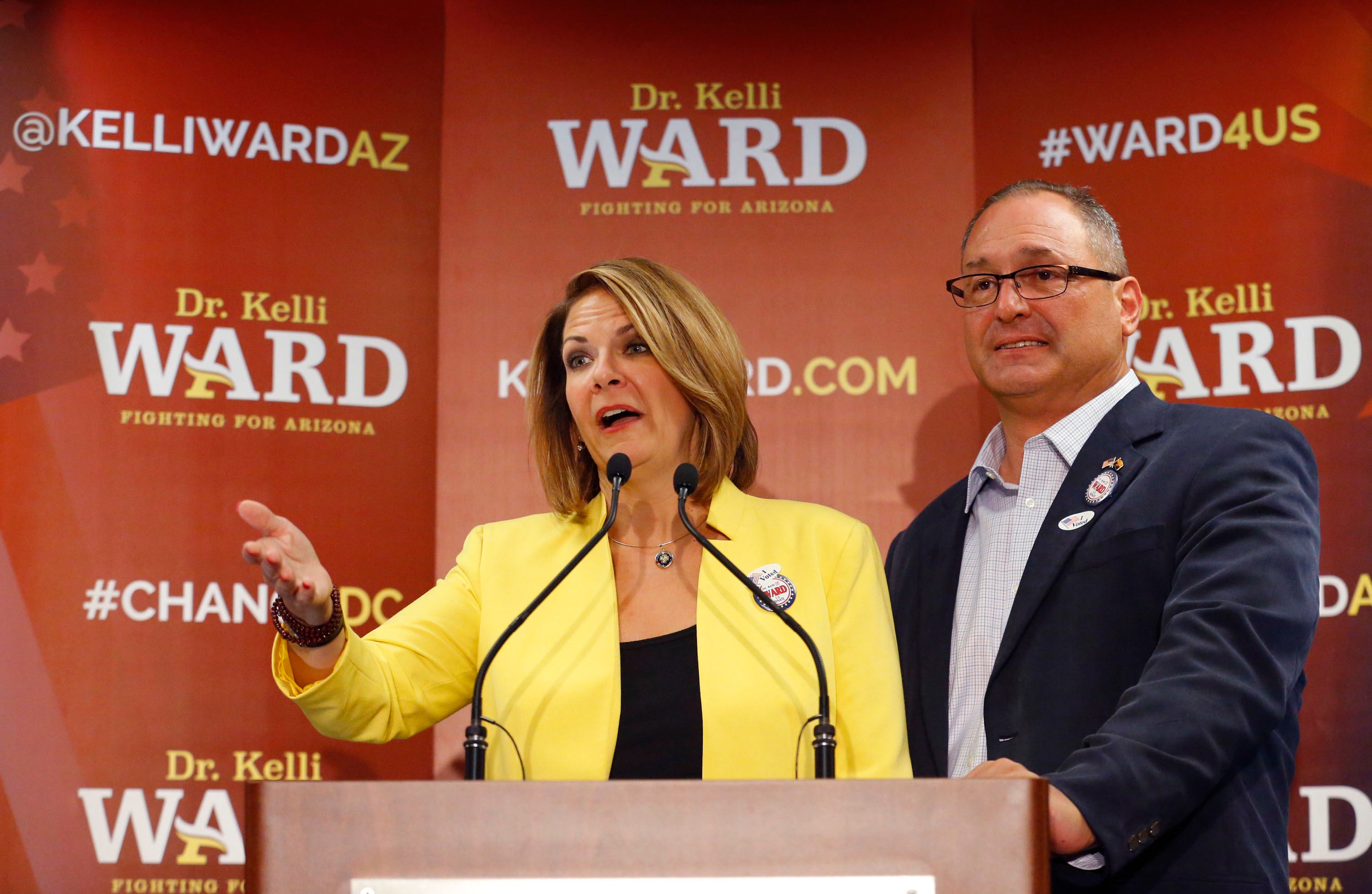 Kelli Ward, with her husband Michael Ward at her side, concedes to Sen. John McCain, R-Ariz., in the race for the Republican nomination to U.S. Senate, August 30, 2016