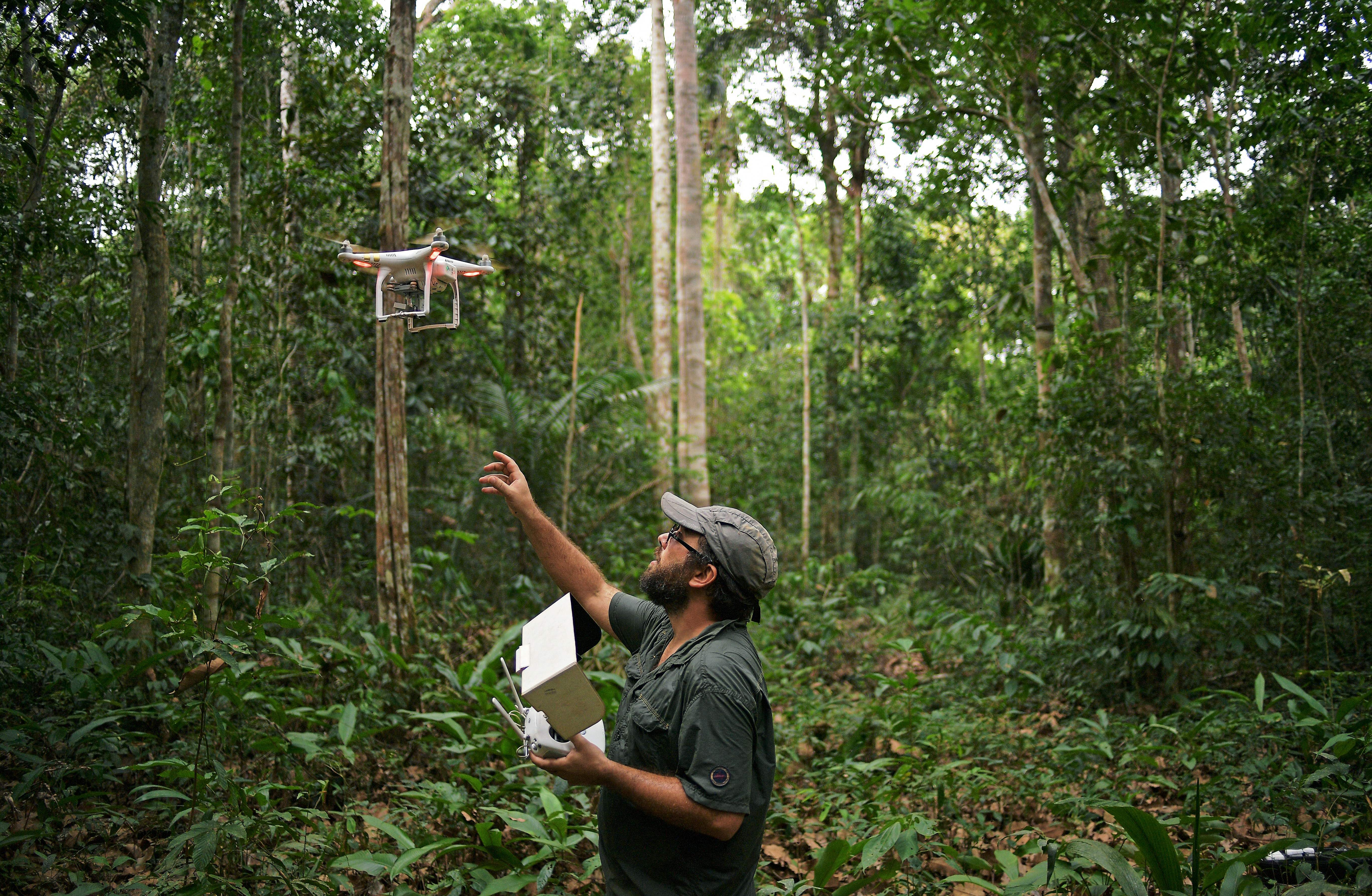 <p>A World Wildlife Fund conservation analyst uses a drone to map the Ituxi rainforest in the western Amazon region of Brazil</p>