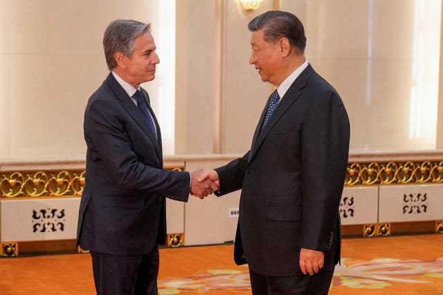 <p>Chinese president Xi Jinping meets US secretary of state Antony Blinken at the Great Hall of the People in Beijing </p>
