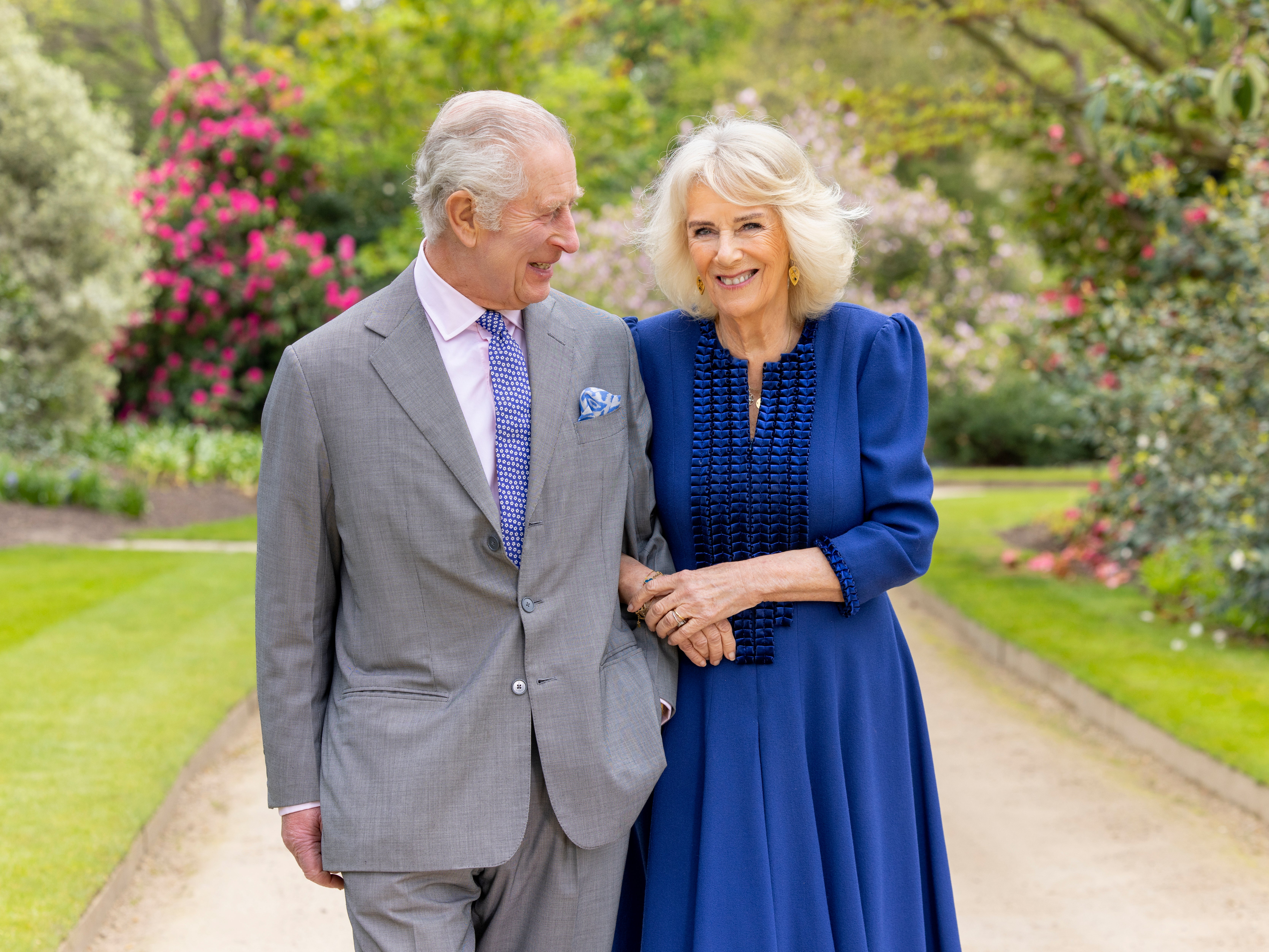 Charles and Camilla in the gardens of Buckingham Palace earlier this month