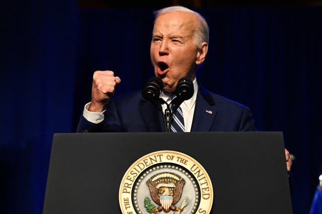 <p>US president Joe Biden speaks at the Milton J Rubenstein Museum in Syracuse, New York, on 25 April 2024</p>