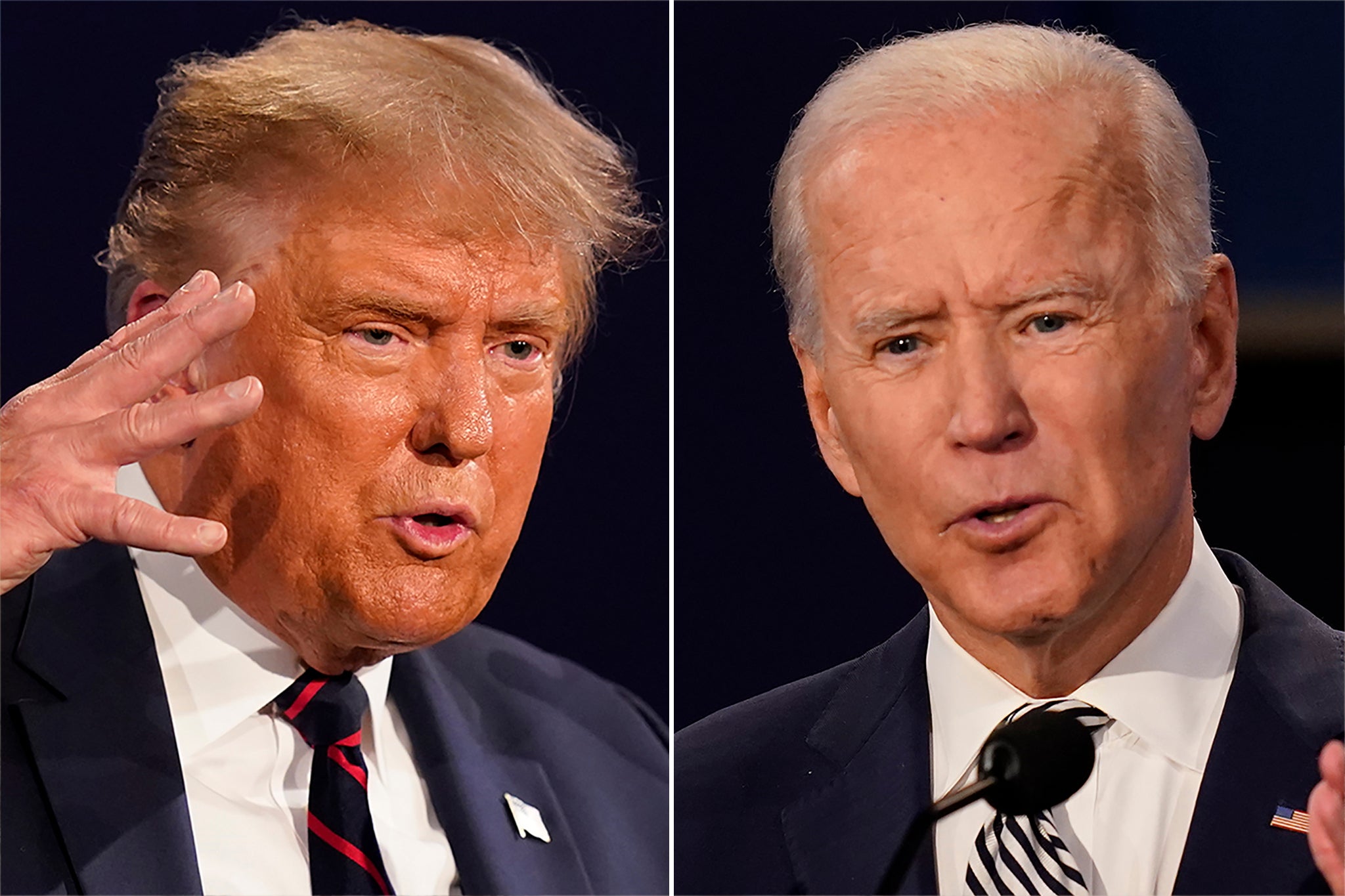 This combination of photos show President Donald Trump, left, and former Vice President Joe Biden during the first presidential debate on Sept. 29, 2020, in Cleveland, Ohio