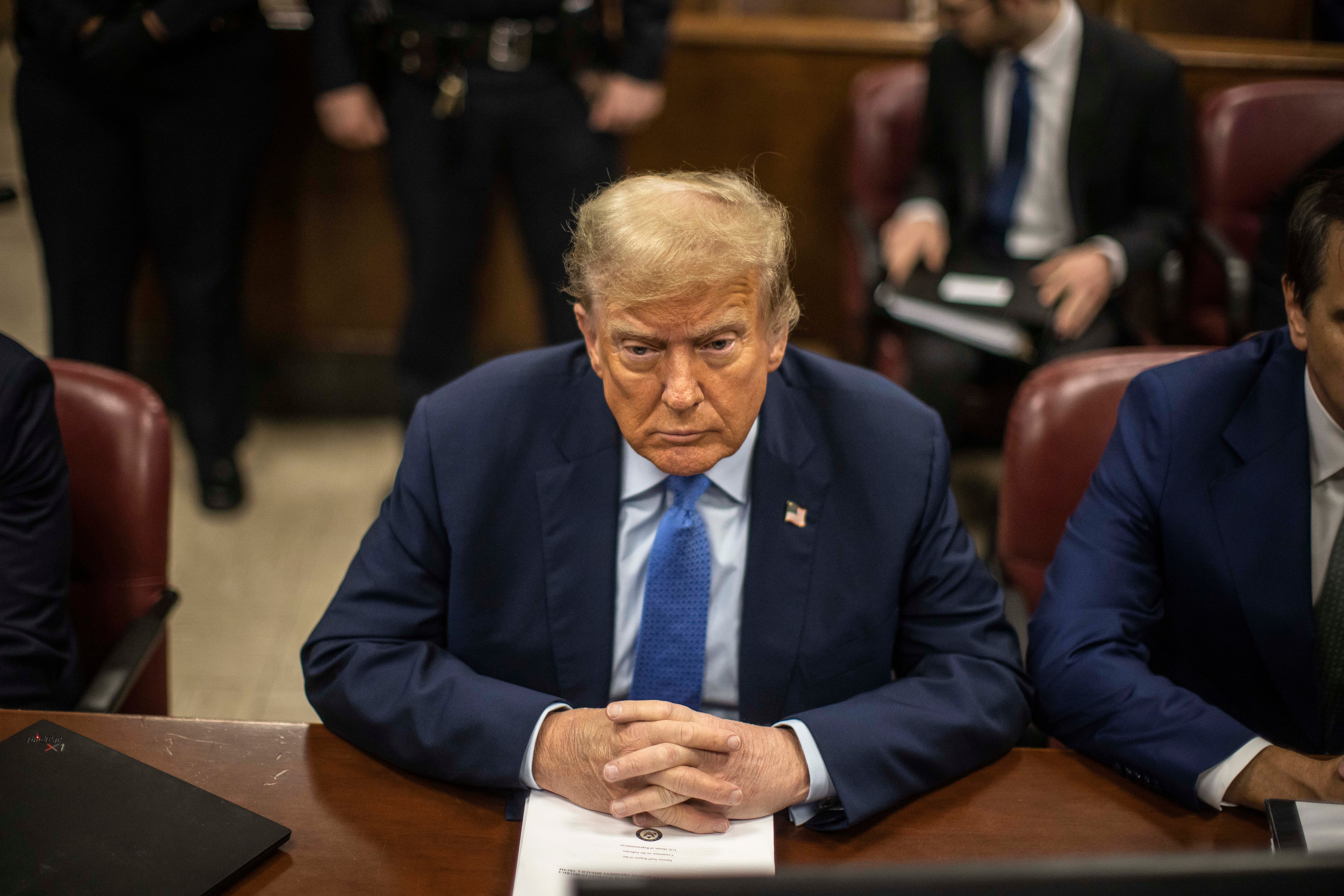 Mr Trump at the Manhattan criminal courthouse on 26 April 2024. He has pleaded not guilty and has denied any wrongdoing in the hush money case, the first-ever criminal trial of a US president
