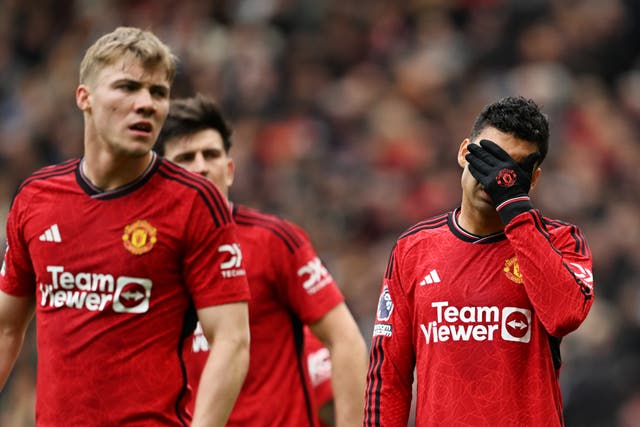 <p>Casemiro reacts after Manchester United concede a late equaliser against Burnley</p>
