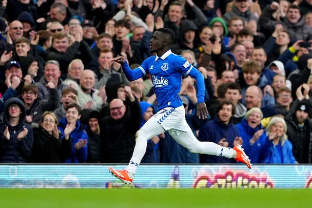 Everton’s Idrissa Gueye celebrates his goal against Brentford (Peter Byrne/PA).