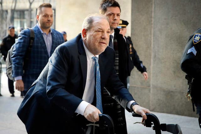 <p>Harvey Weinstein arrives at a Manhattan courthouse as jury deliberations continue in his rape trial in New York, on Feb. 24, 2020. Weinstein will appear in a New York City court on Wednesday, May 1, 2024</p>