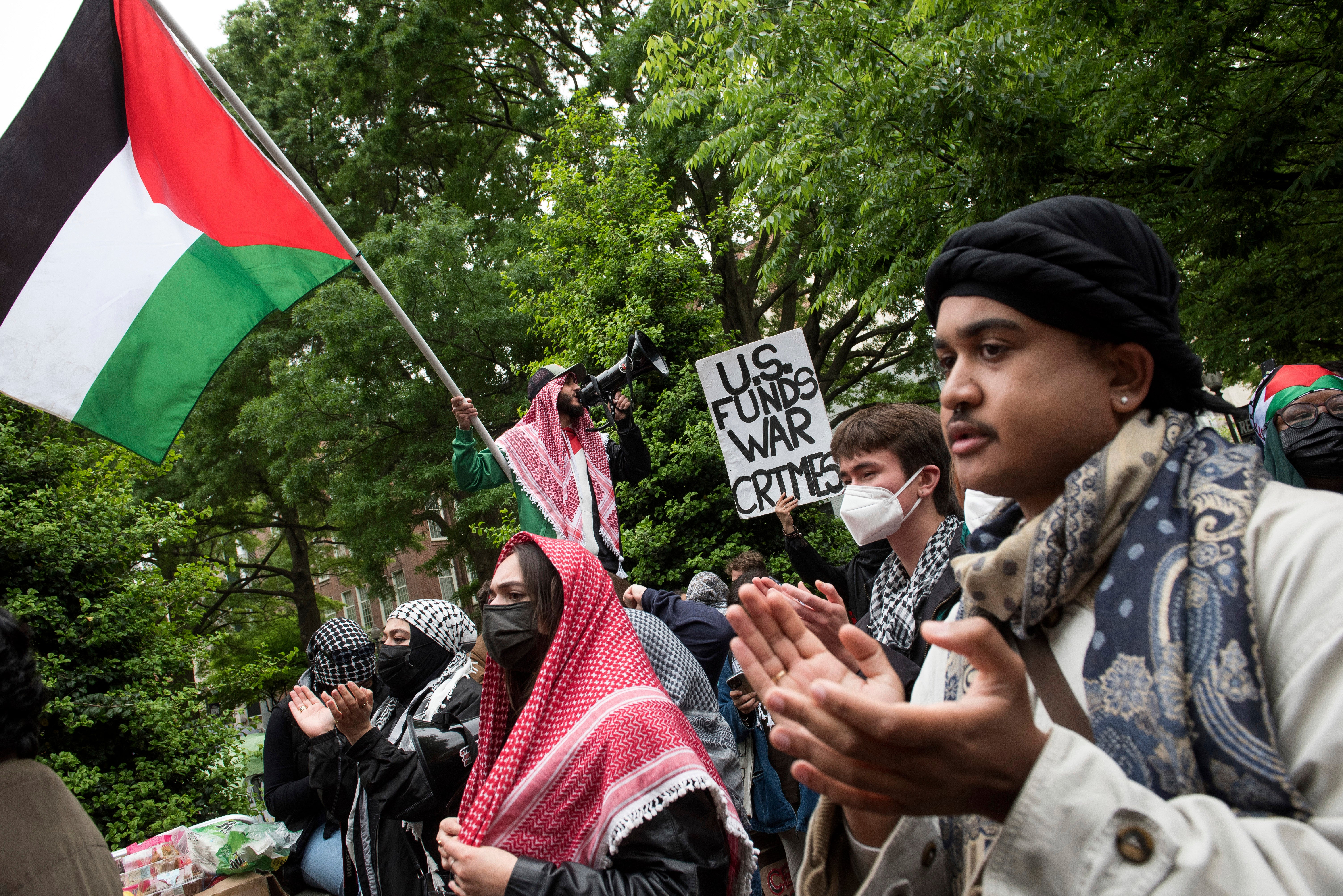 Students protesting the Israel-Hamas war at George Washington University on Saturday
