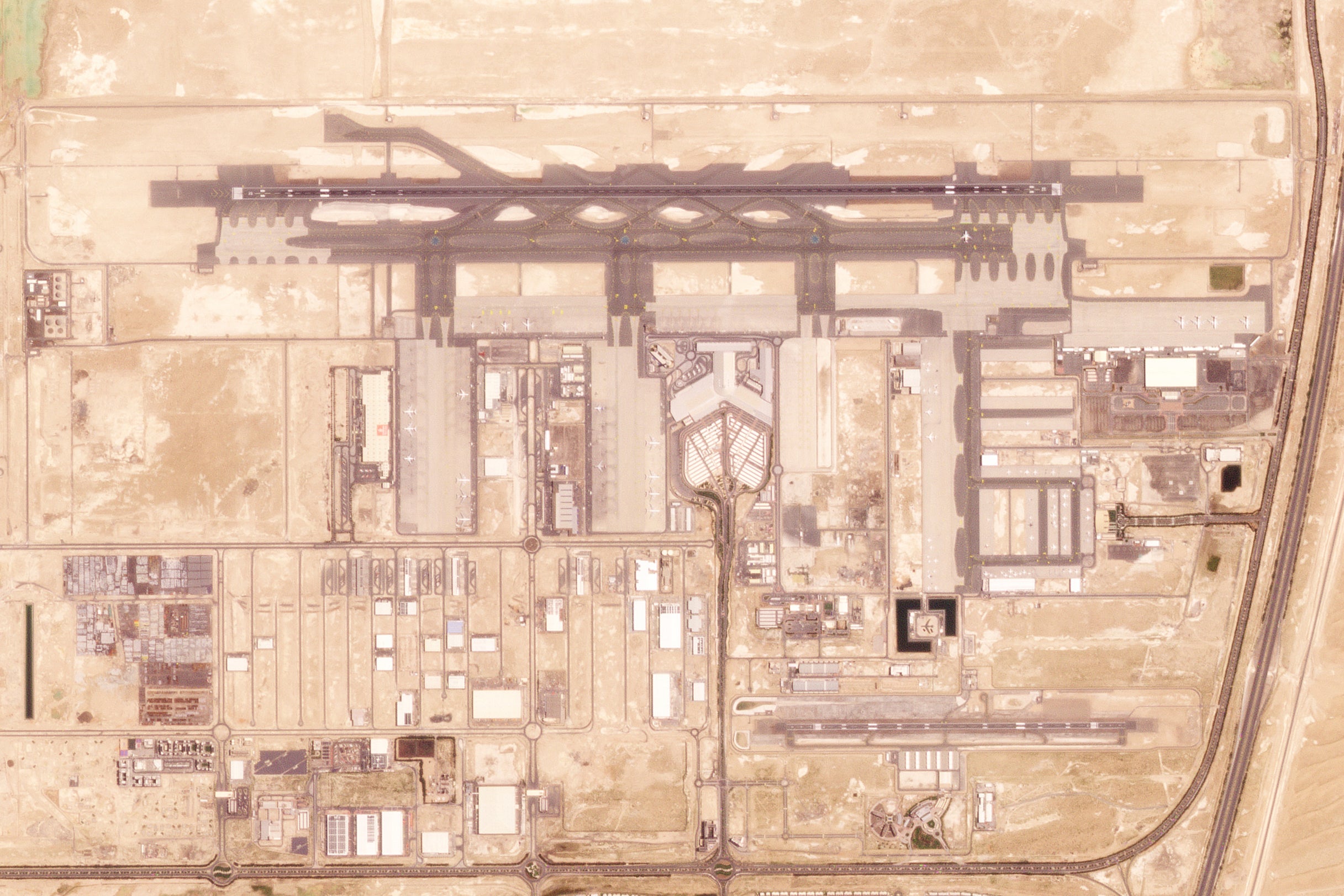 This satellite image from Planet Labs PBC shows Al Maktoum International Airport at Dubai World Central