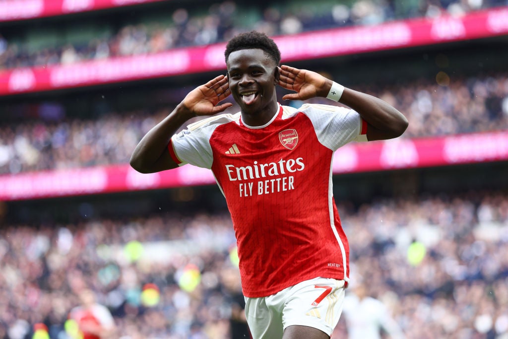 Bukayo Saka celebrates after scoring Arsenal’s second goal