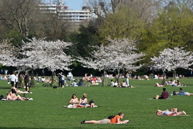 <p>Londoners enjoy the sunshine in Battersea Park where temperatures are expected to his 20C later this week </p>