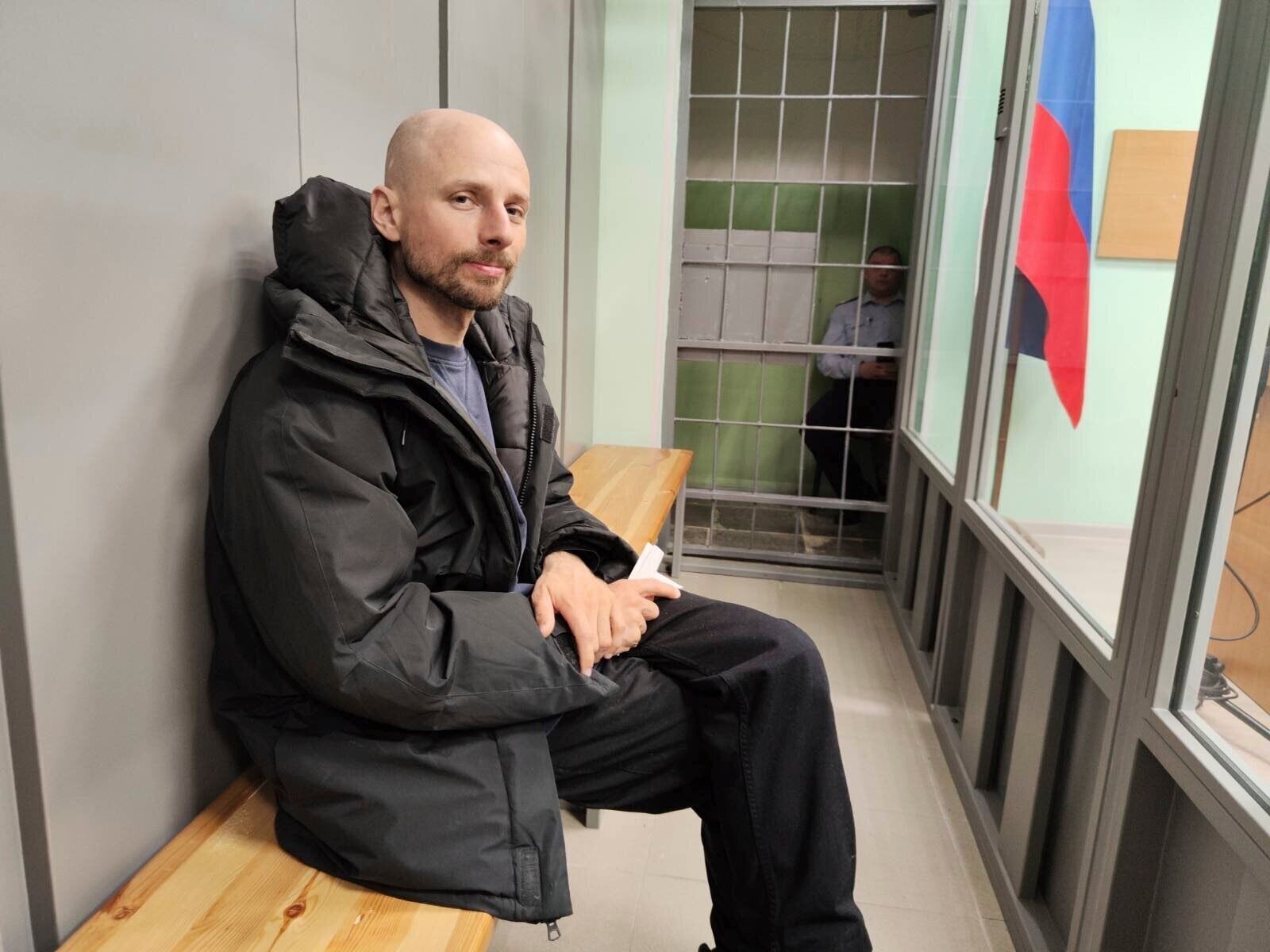 Sergey Karelin appears in court in the Murmansk region of Russia on Saturday