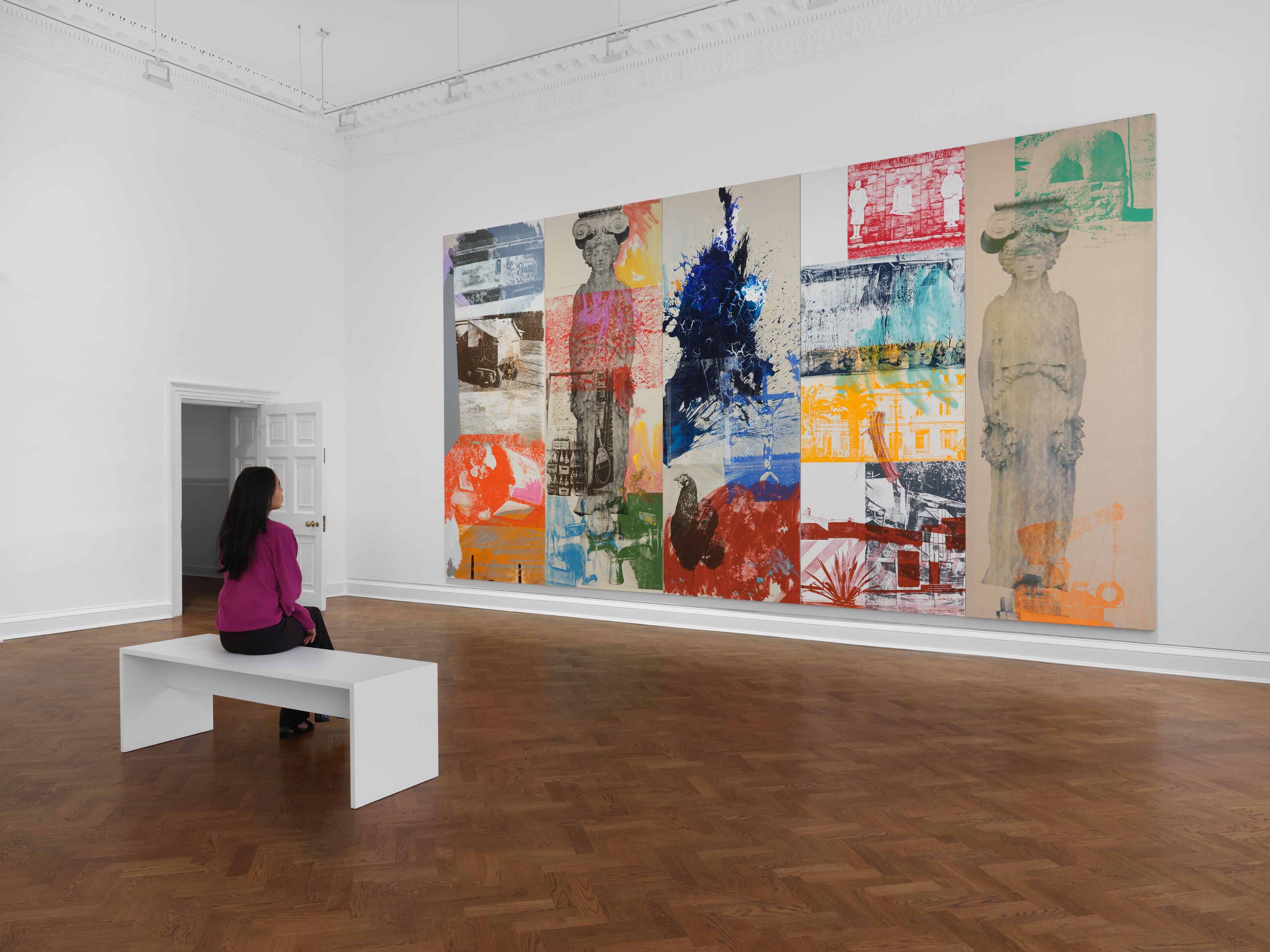 Rauschenberg’s ‘Caryatid Cavalcade I’ from Roci Chile, 1985 (silkscreen ink, acrylic, and graphite on canvas) is part of the new exhibition exhibition