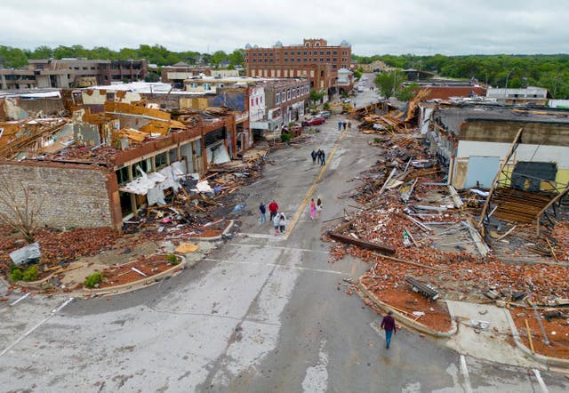 <p>Sulphur, Oklahoma pictured on Monday morning after a tornado swept through the town. A series of tornadoes killed four in the state over the weekend, including one person in Sulphur.</p>
