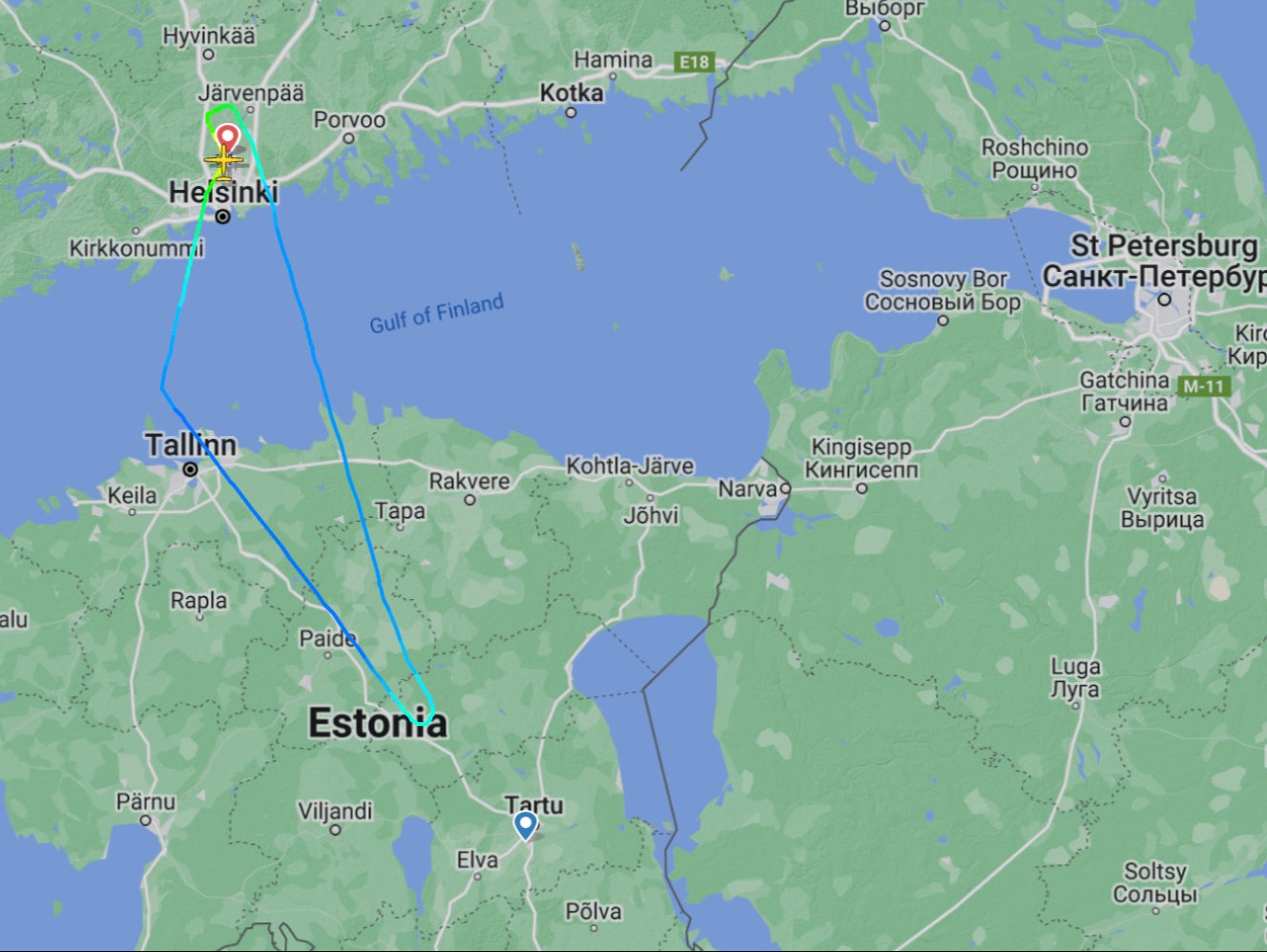Return trip: the flight path of Finnair AY1045 on 26 April, when the aircraft returned to Helsinki due to GPS interference