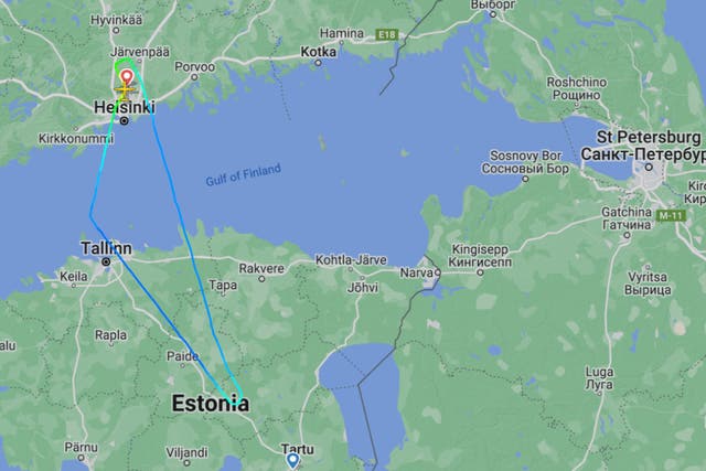 <p>Return trip: the flight path of Finnair AY1045 on 26 April, when the aircraft returned to Helsinki due to GPS interference</p>