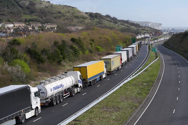 <p>Lorries queue to enter the port of Dover in April </p>