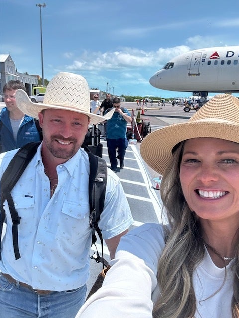 Ryan and Valerie Watson, pictured arriving in Turks and Caicos last month, were stopped by airport security on their way home from birthday celebrations in Turks & Caicos after hunting ammunition was found in their luggage