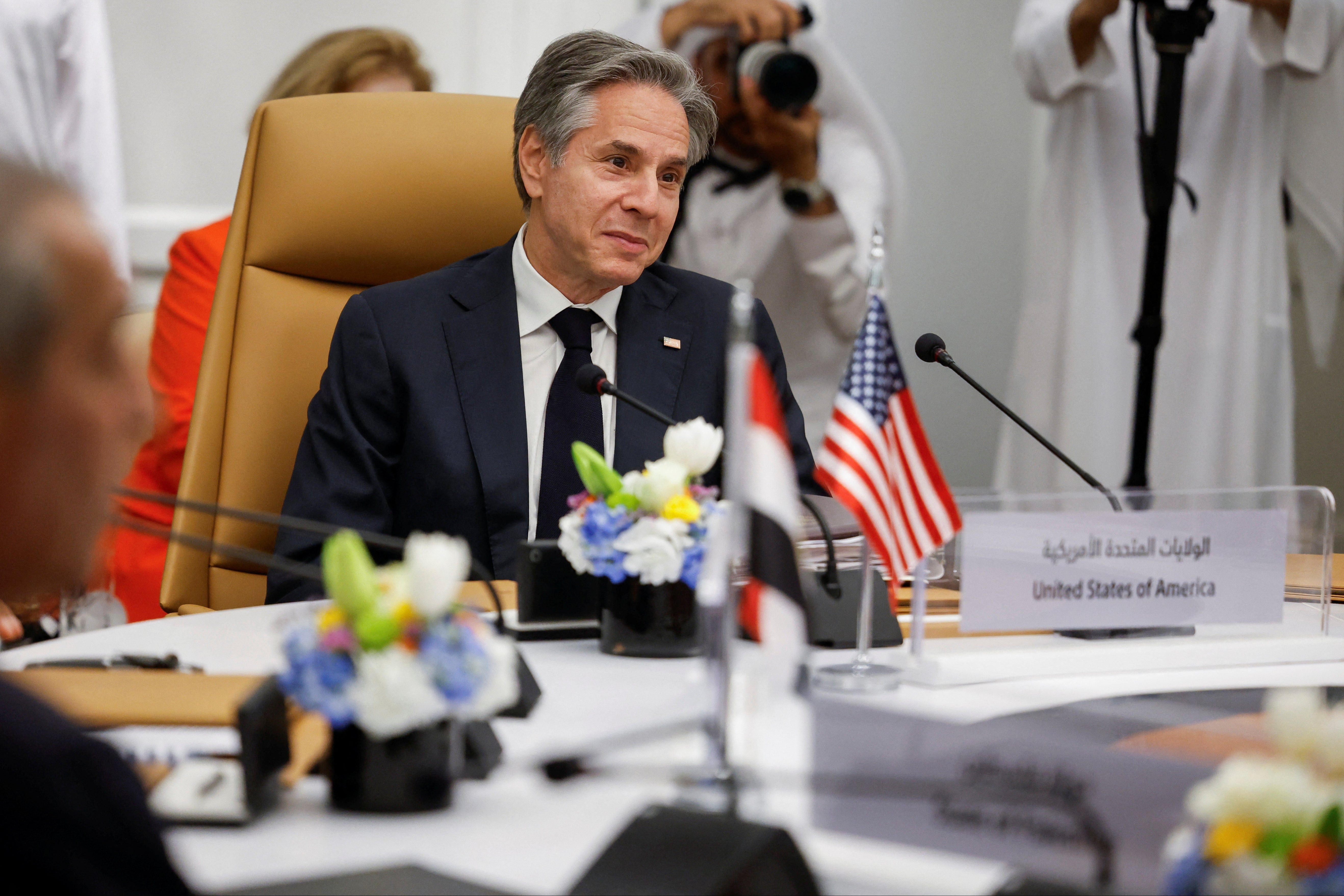US secretary of state Antony Blinken at a meeting with representatives from Egypt, Jordan, Saudi Arabia, Qatar, the United Arab Emirates and the Palestinian Authority in Riyadh