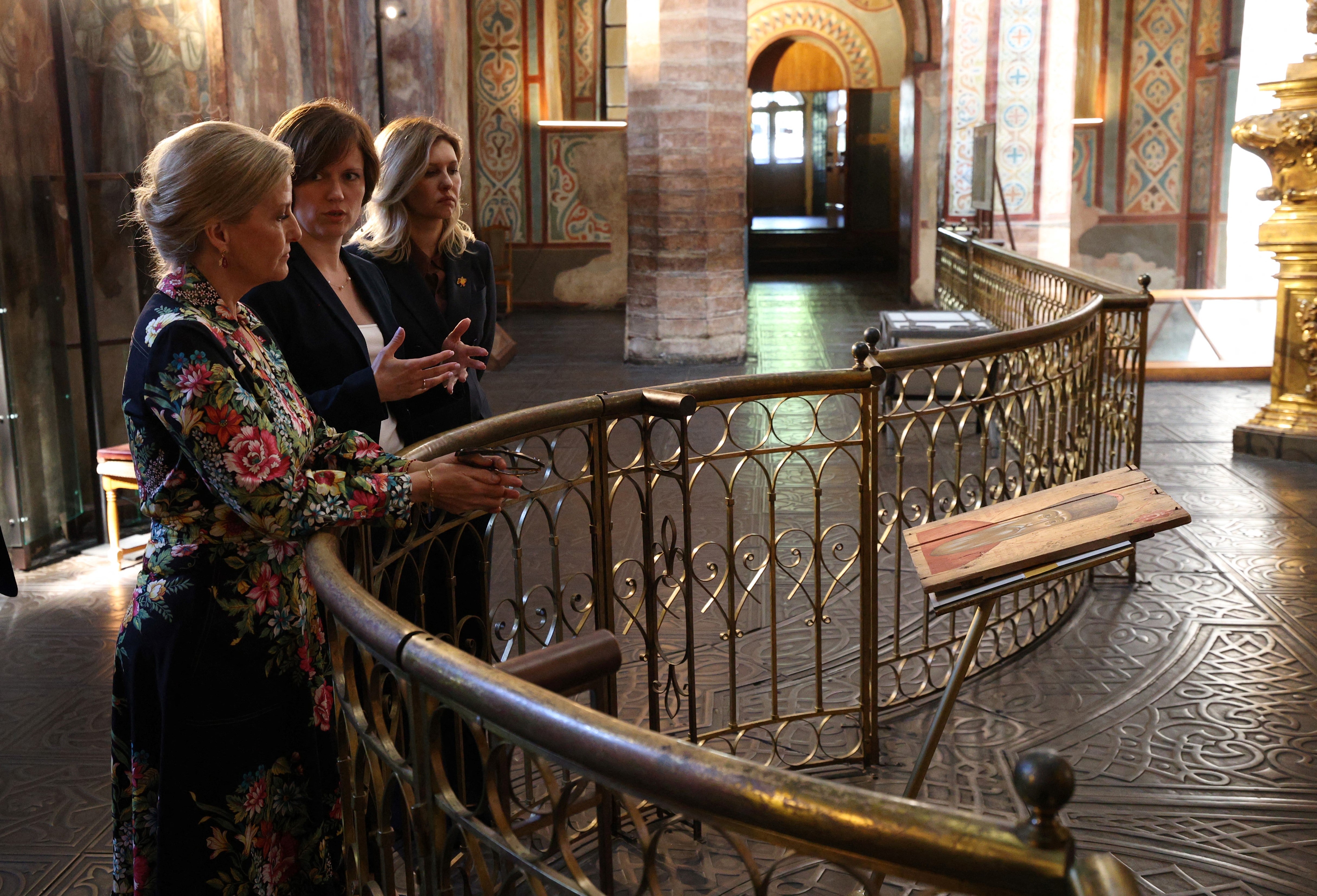 Sophie, left, and the first lady of Ukraine Olena Zelenska inside the Saint Sophia Cathedral in Kyiv