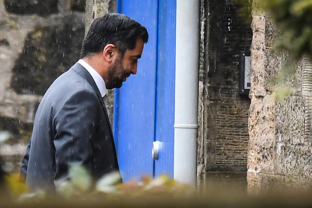 <p>Humza Yousaf arriving at Bute House ahead of his announcement on Monday</p>
