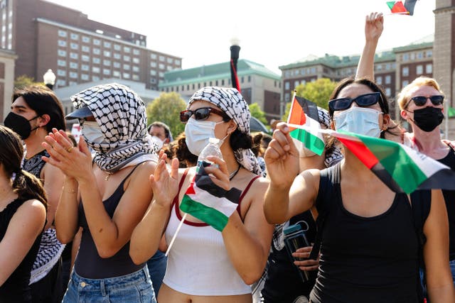 Pro-Palestinian demonstrators hold a short rally after marching around the "Gaza Solidarity Encampment" in the West Lawn of Columbia University on April 29, 2024 in New York City. Demonstrators marched at Columbia University as a 2 P.M. deadline to clear the encampment given to students by the university passed