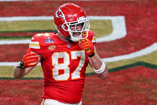 Travis Kelce celebrates following the Chiefs’ Super Bowl LVIII victory (PA)