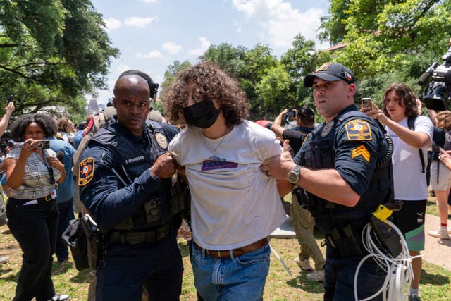 <p>Texas University policemen arrest a pro-Palestinian demomstrator at the University of Texas in Austin, Texas, on April 29, 2024</p>