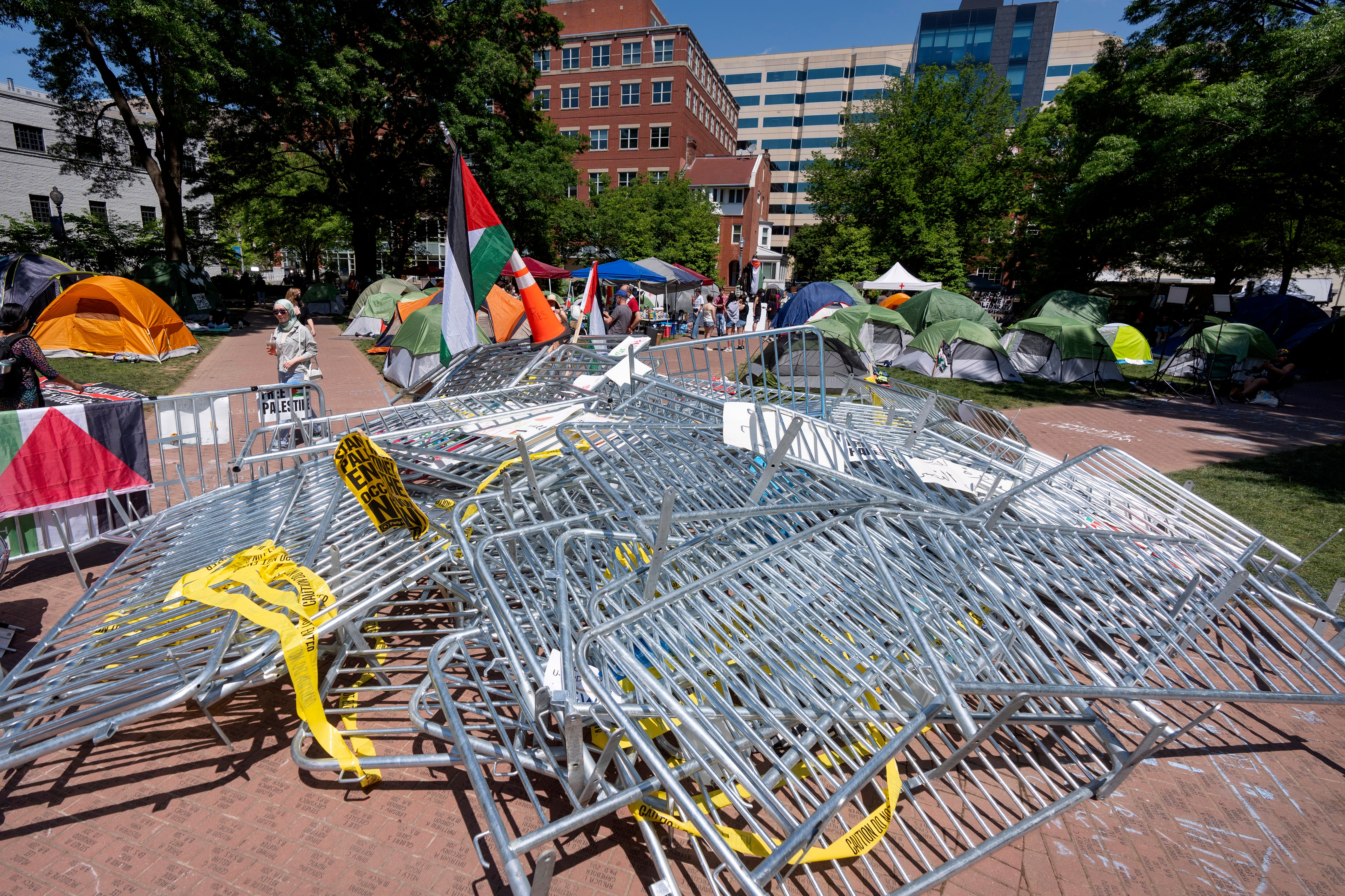 Barricades torn down by demonstrators piled in the centre of an encampment by students protesting against the Israel-Hamas war at George Washington University on 29 April