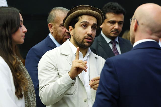 <p>Ahmad Massoud (C), leader of National Resistance Front of Afghanistan arrives for meeting with the European Conservatives and Reformists group (ECR) during a plenary session at European Parliament in Strasbourg, France </p>