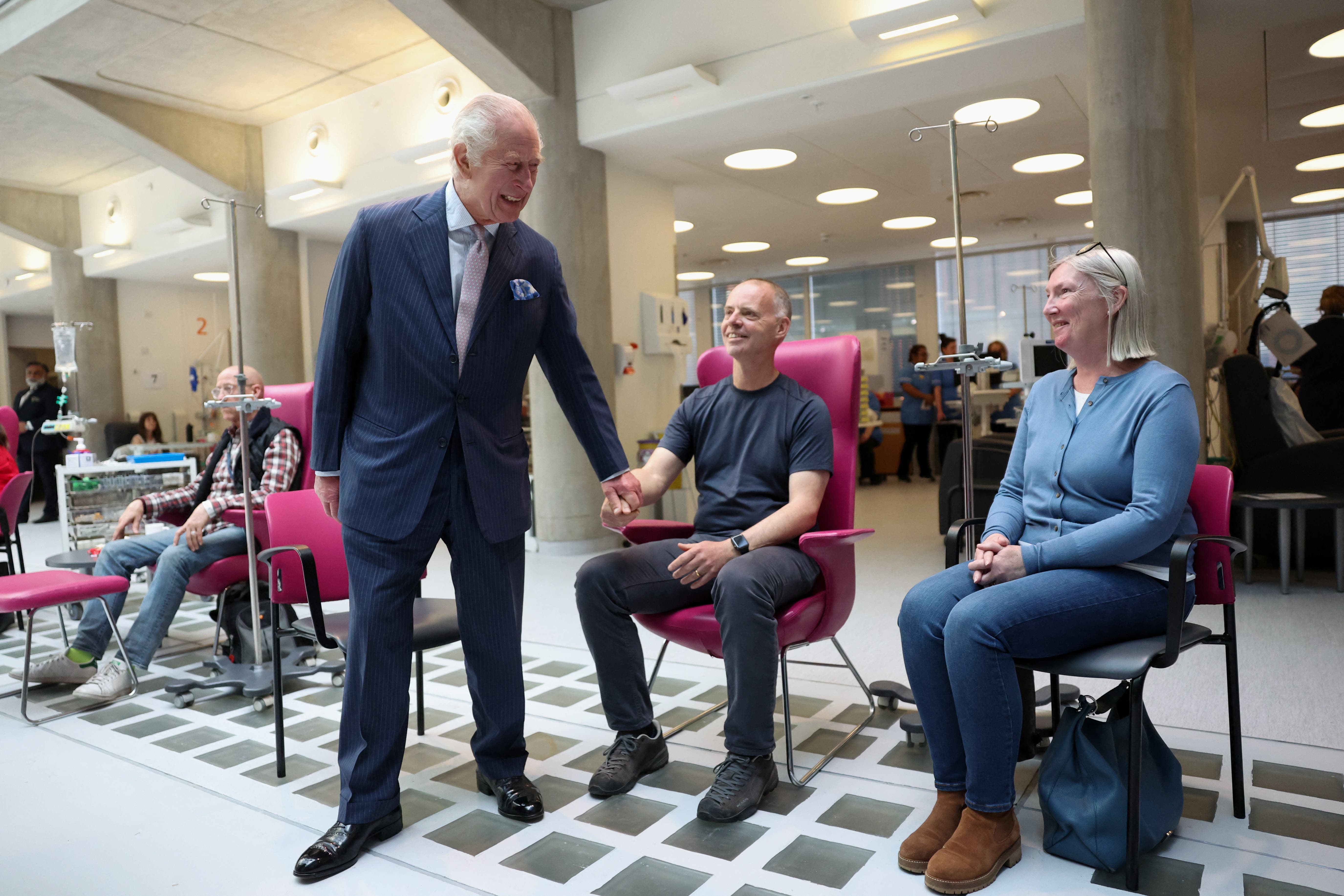 The King met patients during a visit to University College Hospital Macmillan Cancer Centre (Suzanne Plunkett/PA)