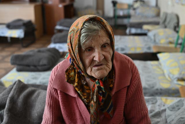 <p>Lidia Lominovska, 97, who fled her house in the village of Ocheretyne on foot, without taking anything with her after a bombardment</p>