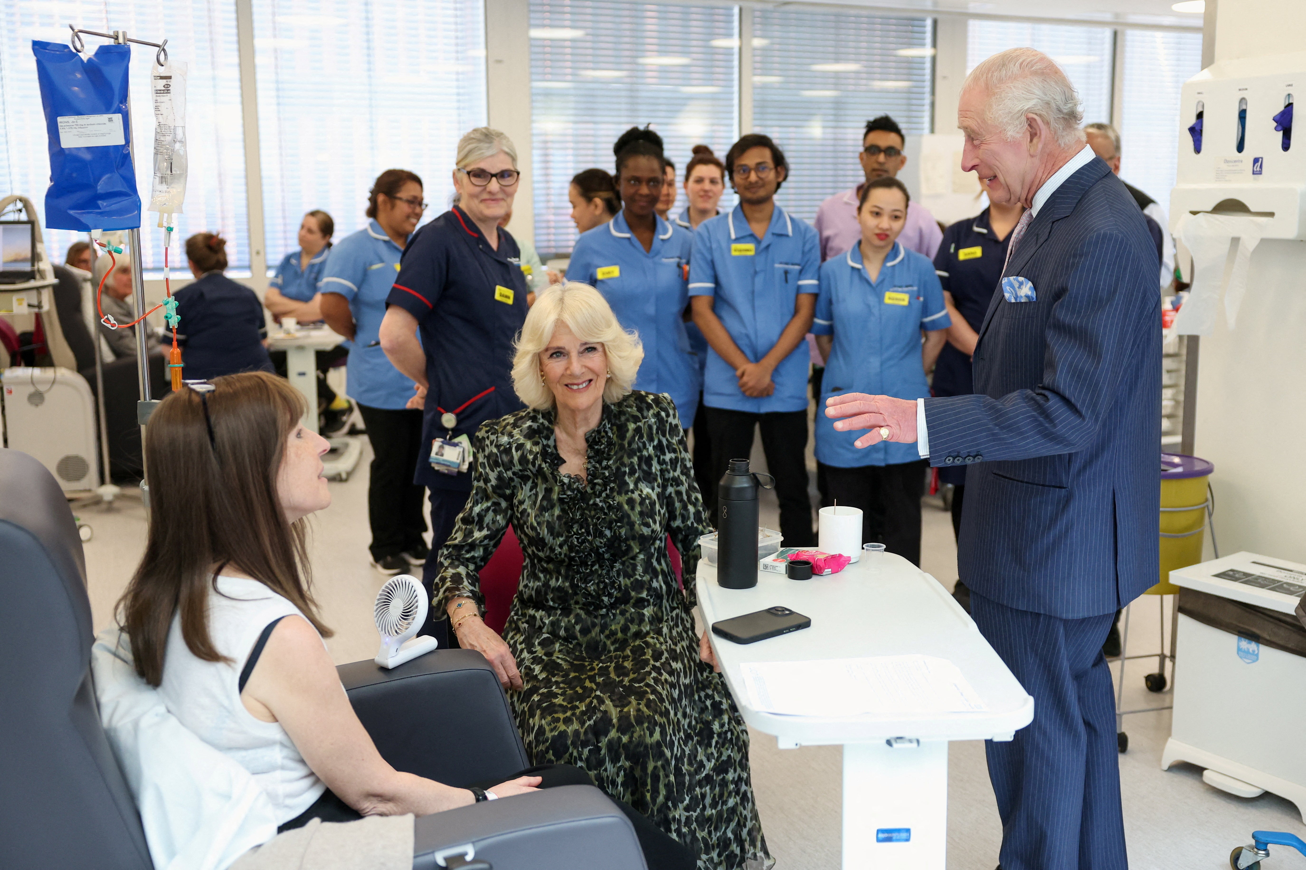 Charles and Camilla meet with patient Jo Irons during a visit to the University College Hospital Macmillan Cancer Centre in London