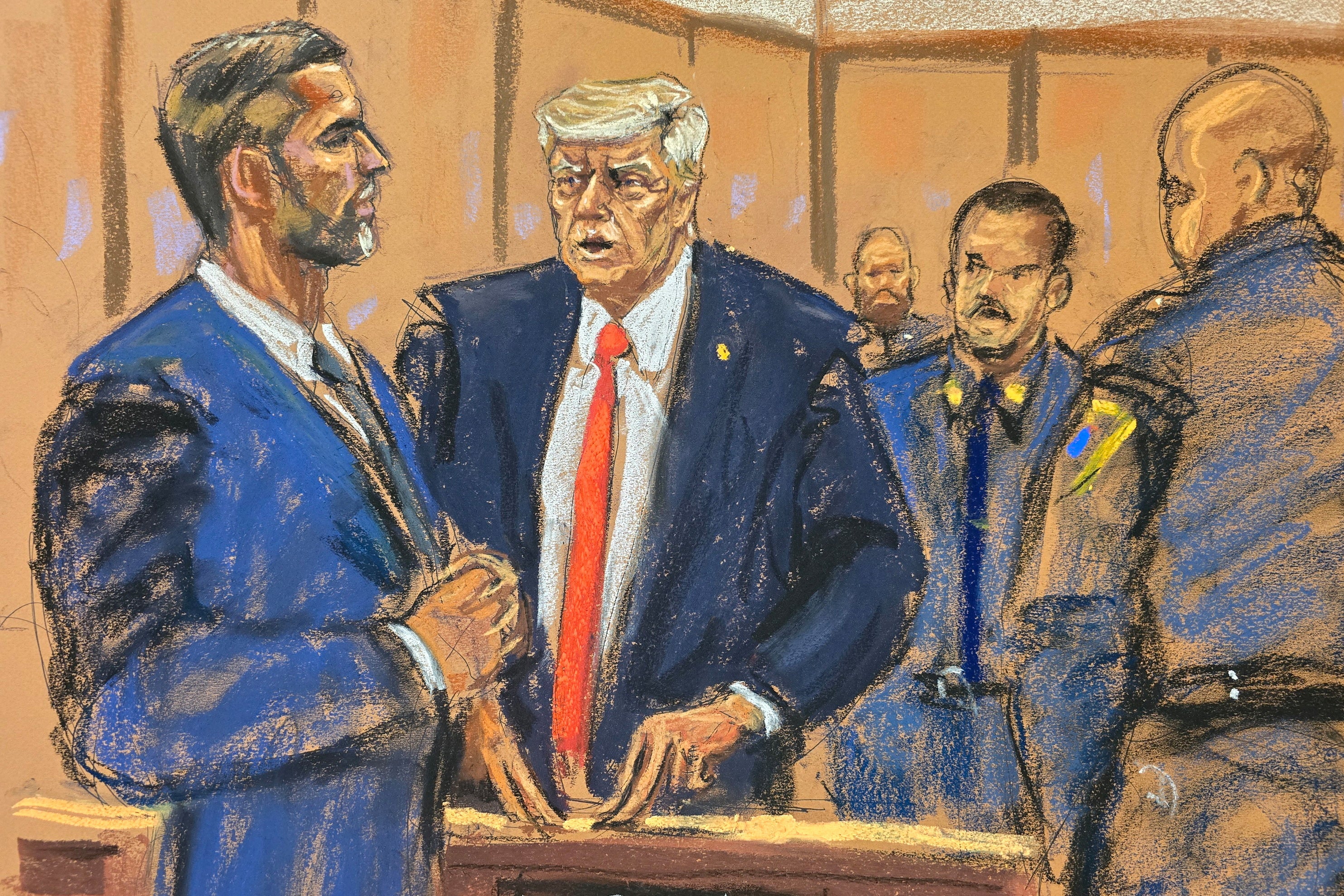 A courtroom sketch depicts Donald Trump chatting with his son Eric Trump in a Manhattan criminal courtroom on 30 April.