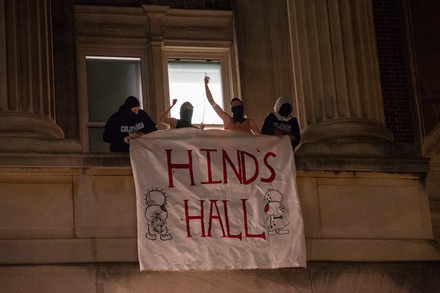 <p>Students with the Gaza Solidarity Encampment take over Hamilton Hall at Columbia University naming it Hind's Hall, on Tuesday 30 April 2024 in New York  </p>