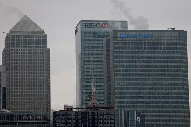 <p>The offices of banking giants HSBC and Barclays are pictured at the secondary central business district of Canary Wharf</p>