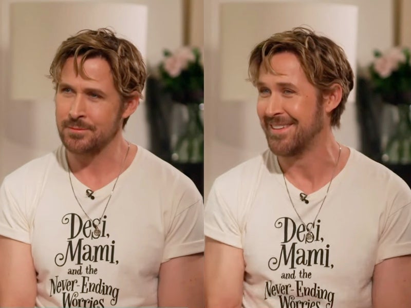 Ryan Gosling usou uma camiseta promovendo o livro infantil de Eva Mendes durante turnê de imprensa