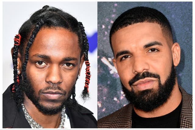 <p>Kendrick Lamar (left) and Drake</p>