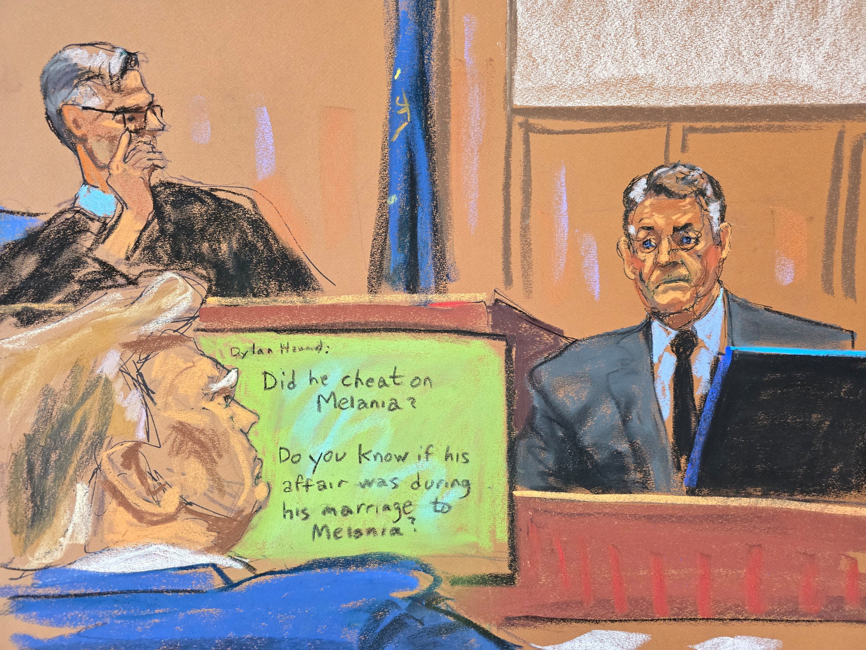 A courtroom sketch depicts Keith Davidson testifying as Donald Trump and Justice Juan Merchan listen in a criminal courtoom in Manhattan on 30 April.