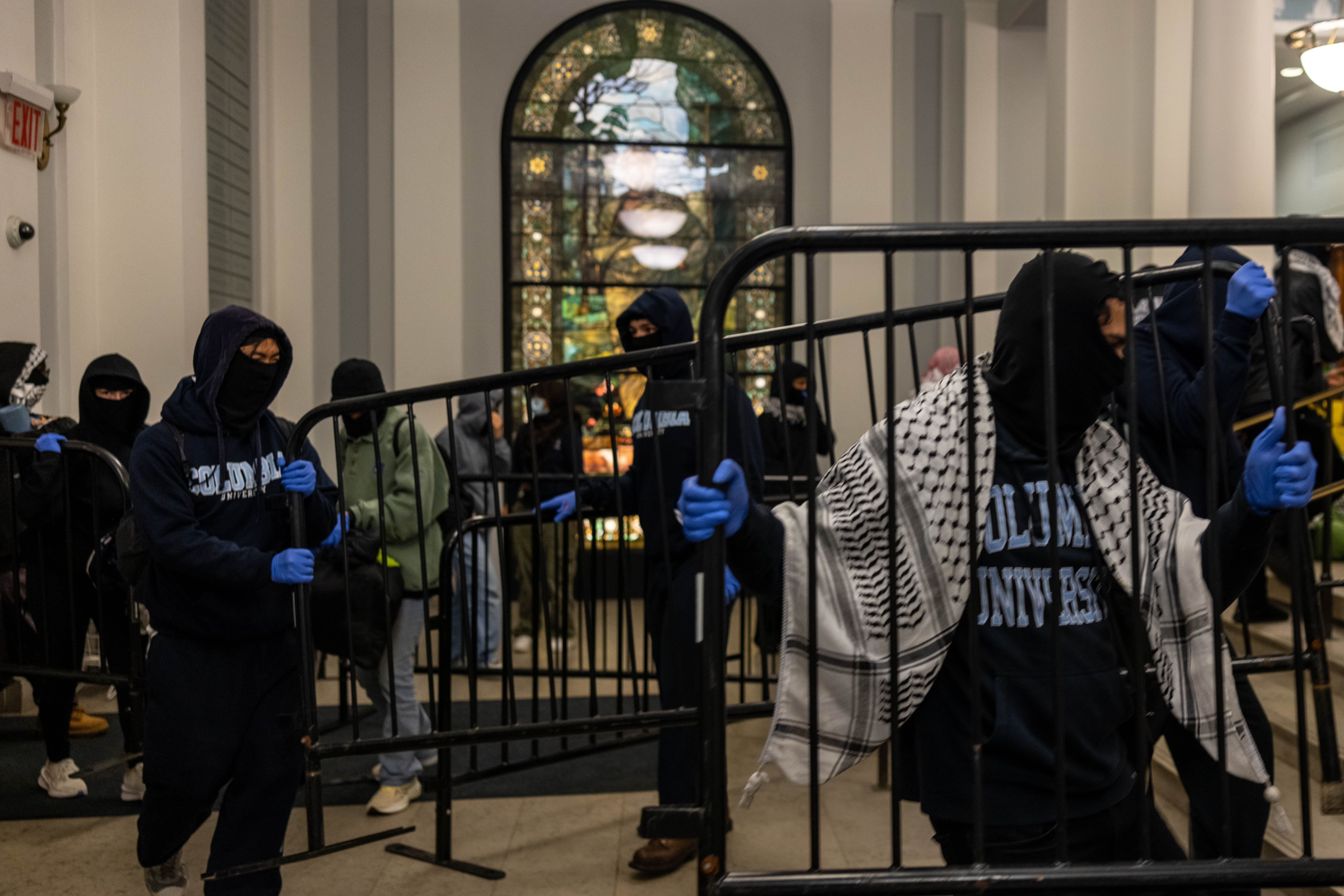 Demonstrators supporting Palestinians in Gaza barricade themselves inside Hamilton Hall, an academic building which has been occupied in past student movements, on April 30, 2024 in New York City